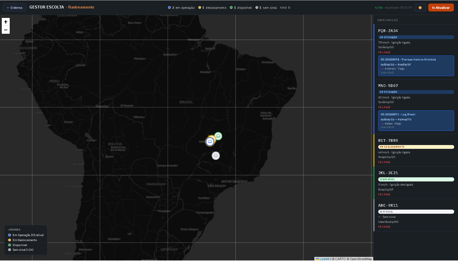 Rastreamento ao vivo — frota no mapa com status por viatura